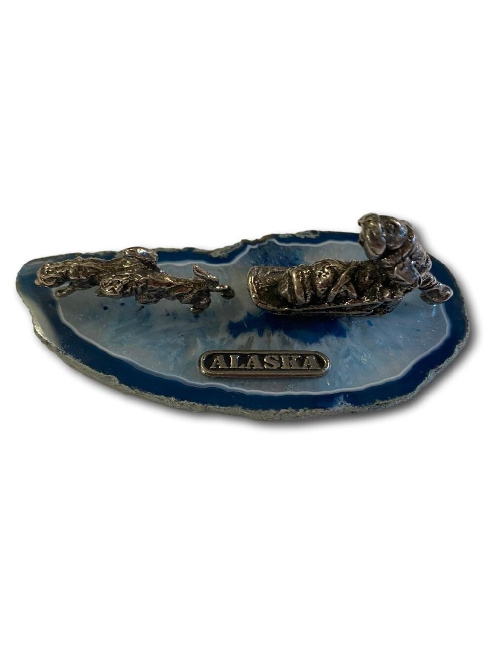 ALASKAN ART IN PEWTER Dog Sled Scene by Andrea Meyer on Quartz Geode Agate Slice
